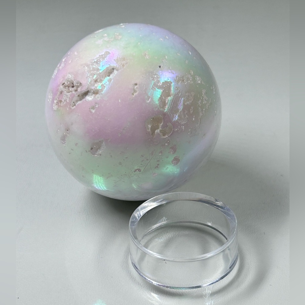 Aura Agate Sphere with Druzy 54mm Small Pockets 7.6oz Healing Crystal With Stand
